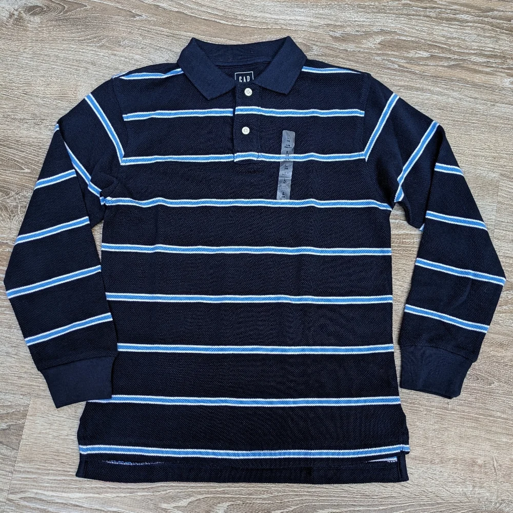 NEW Gap Kids Navy Long sleeve Striped Polo 100% Cotton Size Large